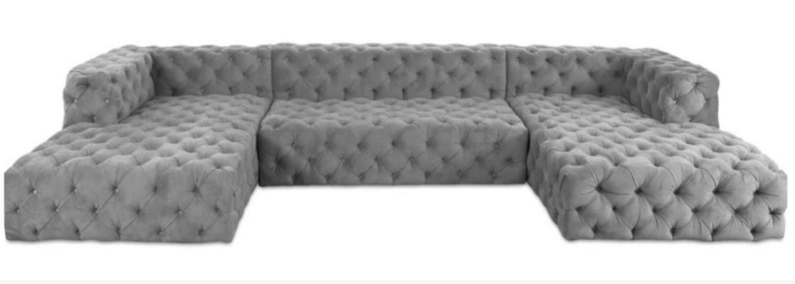 Sofá Chesterfield en forma de U gris XXL grande de tela textil, lujo muebles tapizados.