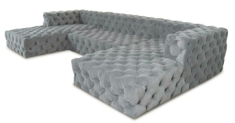 Sofá Chesterfield en forma de U gris XXL grande de tela textil, lujo muebles tapizados.