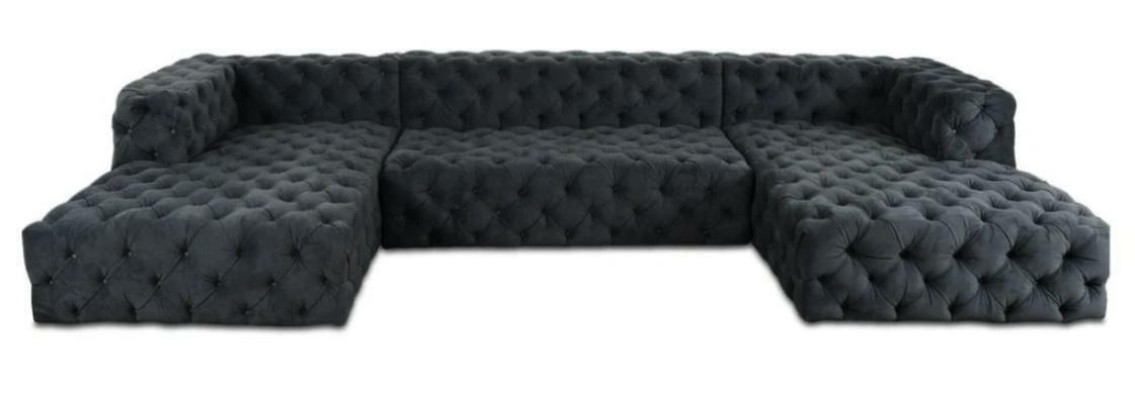 Sofá Chesterfield en forma de U gris XXL grande de tela textil, lujo muebles tapizados.