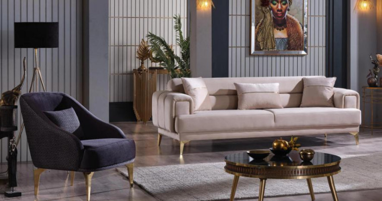 Diseño de conjunto de sofá de lujo, muebles de acero inoxidable moderno, sofás y sillones acolchados 3+1