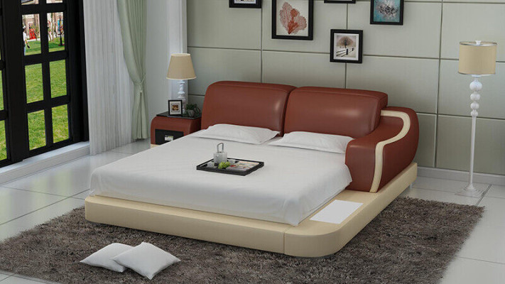 Diseño cama XXL Big Betten Hotel tapizado 200x200 estante multifunción USB cuero