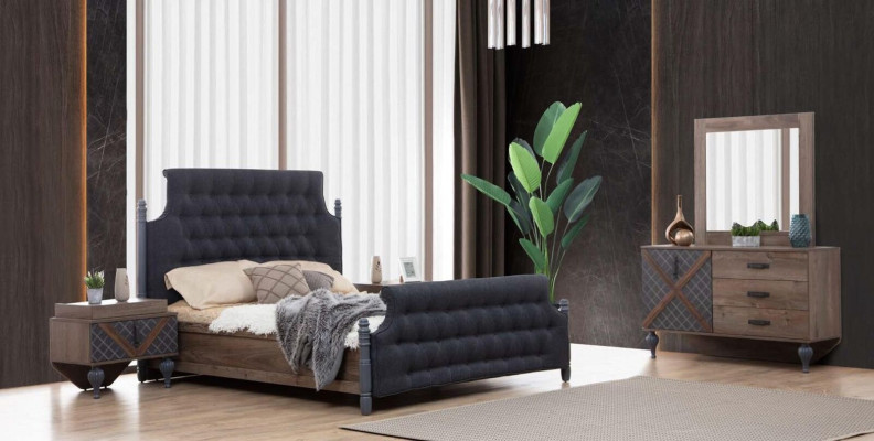 Cama Mesita de noche Cómoda con espejo Dormitorio Juego de 4 piezas Chesterfield
