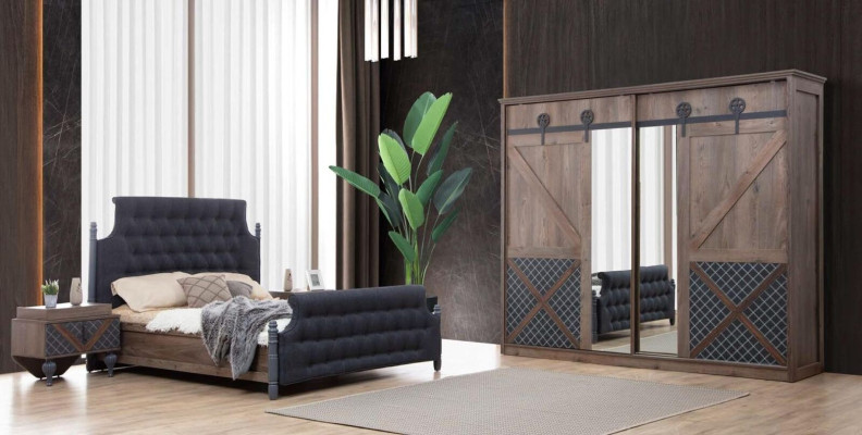Cama Mesita de noche Cómoda con espejo Dormitorio Juego de 4 piezas Chesterfield