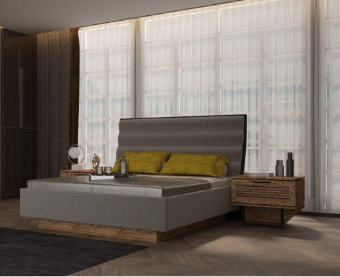 Colección elegante de muebles de dormitorio con camas, mesitas de noche y cómoda.