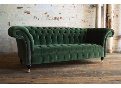Clásico sofá Chesterfield de diseño de 3 plazas en terciopelo y piel color verde grande, nuevo.