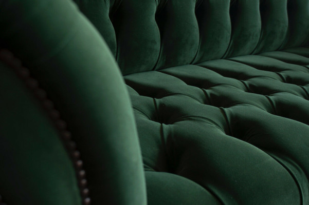 Clásico sofá Chesterfield de diseño de 3 plazas en terciopelo y piel color verde grande, nuevo.