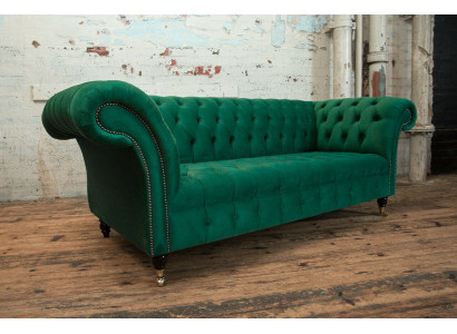 Sofá Chesterfield clásico de 3 plazas en diseño de terciopelo y cuero verde, nuevo.