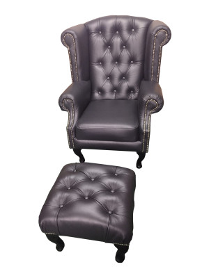 Lujo sillón orejero y taburete Chesterfield sillón cuero negro moderno