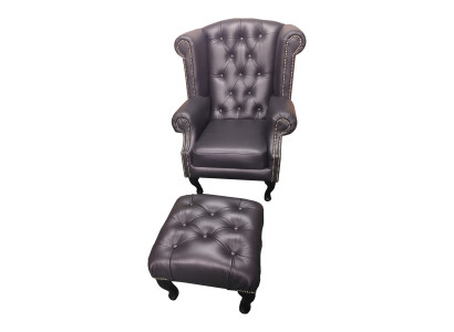 Lujo sillón orejero y taburete Chesterfield sillón cuero negro moderno