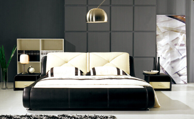 Cama de cuero acolchado, diseño de lujo, cama doble de hotel, habitación para dormir de madera.