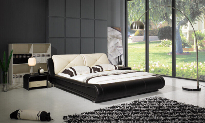 Cama de cuero acolchado, diseño de lujo, cama doble de hotel, habitación para dormir de madera.