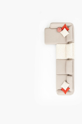 Sofá en forma de L, sofá de salón beige de 420x170, muebles de diseño de tela.