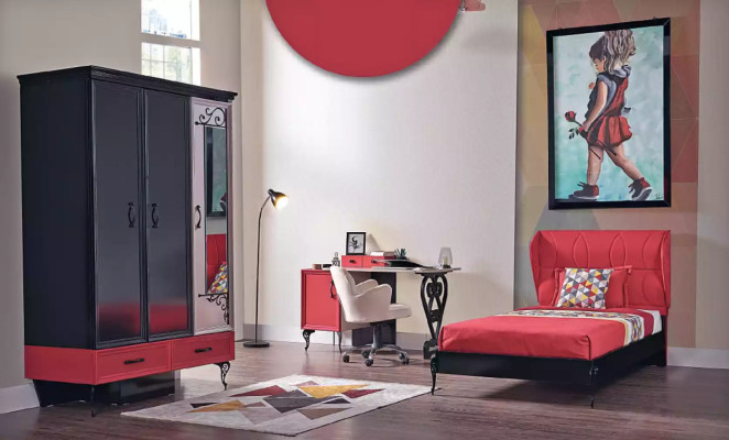 Dormitorio infantil rojo y negro. Conjunto clásico completo con armario y cama.