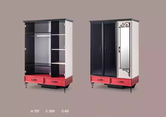 Dormitorio infantil rojo y negro. Conjunto clásico completo con armario y cama.