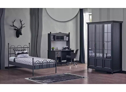 Habitación completa Dormitorio Cama Armario Escritorio Negro 3 piezas