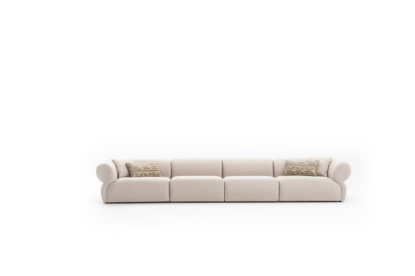Gran sofá beige atractivo de 6 plazas en un diseño sencillo hecho de materiales premium.