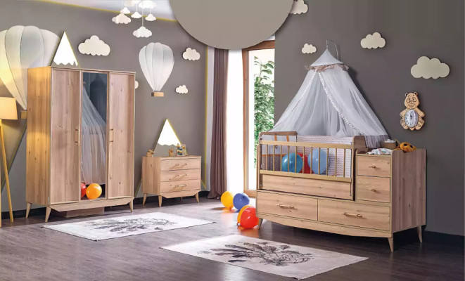 Cama infantil para bebé cuna cama de madera marrón con estantes.