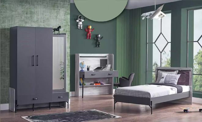 Juego de dormitorio gris para jóvenes, habitación infantil, dormitorio, mesa, armario, cama de 3 piezas.