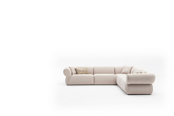 Sofá de esquina color beige para sala de estar en forma de L, moderno, de tela.