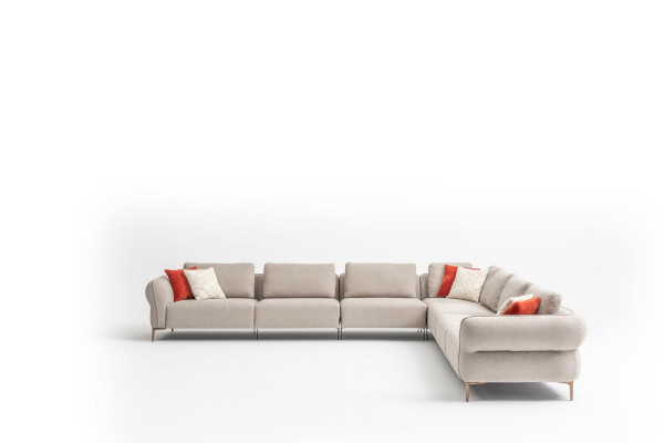 Sofá de esquina en forma de L de lujo para sala de estar en beige, mueble de sofá tapizado 402x402 cm.