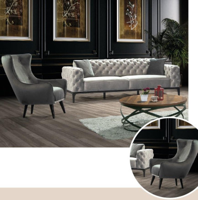 Sillón orejero de tela para sala de estar de poliéster, diseño moderno en gris.