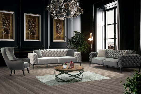 Sillón orejero de tela para sala de estar de poliéster, diseño moderno en gris.