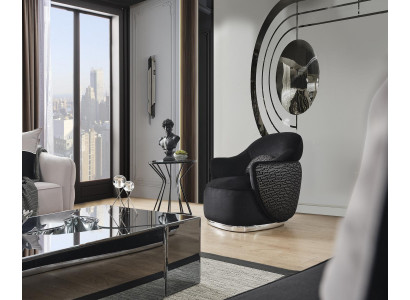 Sillón orejero moderno de tela de poliéster negro para sala de estar.
