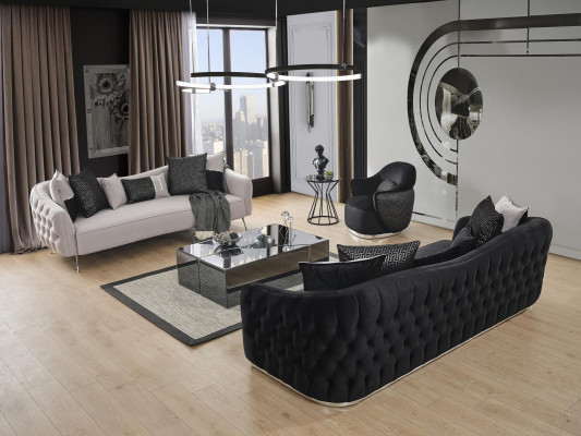 Sillón orejero moderno de tela de poliéster negro para sala de estar.