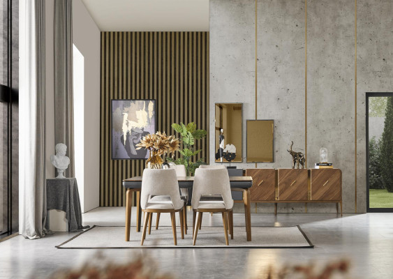 Una silla lacónica y moderna con patas altas de madera y tapizado en un agradable color crema claro para el comedor.