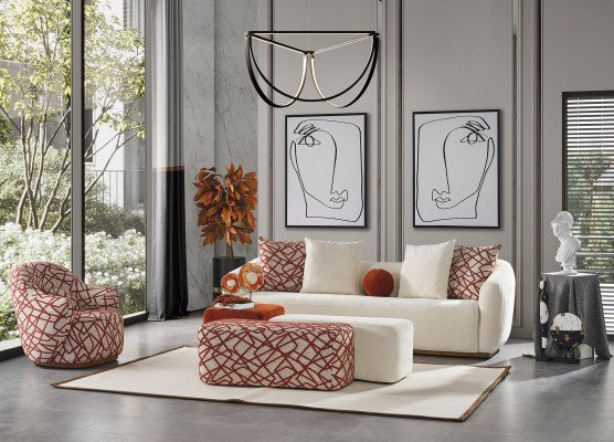 Sofá de sala de estar Set de sofá de 4 plazas Sillón 3x Taburete Blanco Cuatro plazas Tela