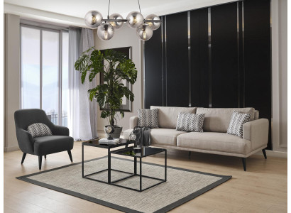 Sofá conjunto sofá de 3 plazas sillón tela beige moderno poliéster juego