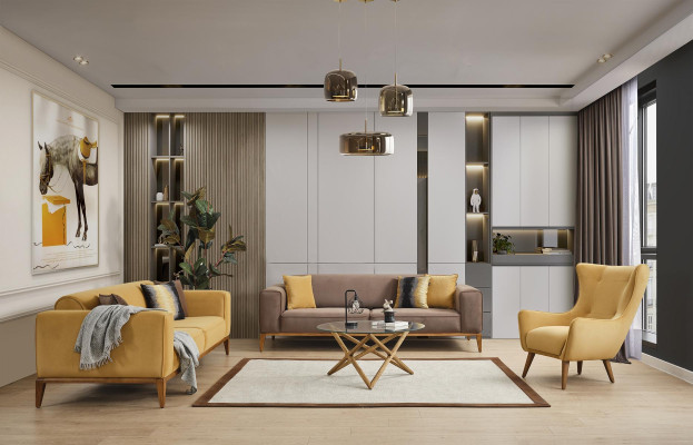 Sofá conjunto Completo Sofá 431 Plazas Sillón Tela Amarillo Set 3 piezas Nuevo