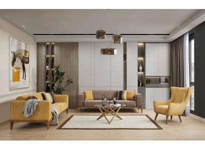 Sofá conjunto Completo Sofá 431 Plazas Sillón Tela Amarillo Set 3 piezas Nuevo