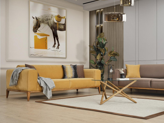 Sofá conjunto Completo Sofá 431 Plazas Sillón Tela Amarillo Set 3 piezas Nuevo