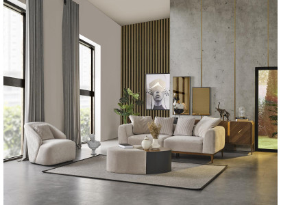 Sofá moderno de 3 plazas y sillón tapizado en blanco de tela moderna de poliéster.