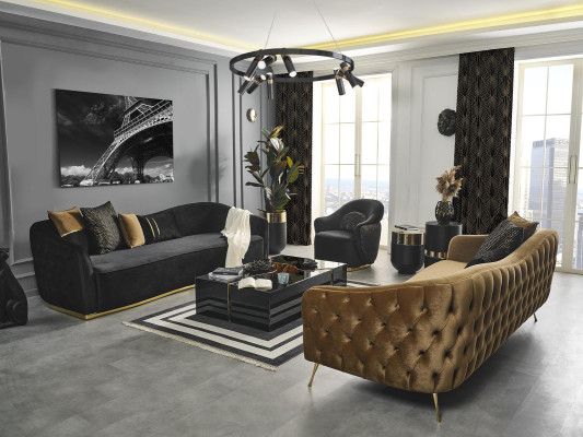 Chesterfield Conjunto de sofá y sillón azul de poliéster de lujo de 3 piezas.