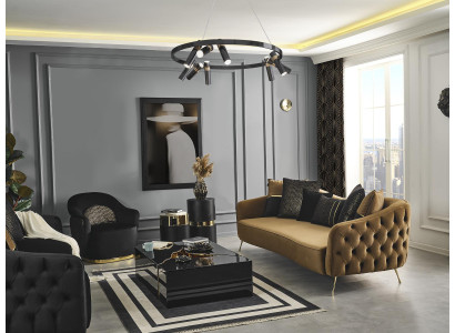 Conjunto de sofá Chesterfield 3 plazas en azul de poliéster, 2 piezas.