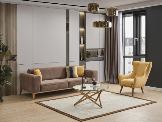 Conjunto de sofás Sofá de 4 plazas Sillón Amarillo Tela Marrón Moderno de Cuatro Plazas