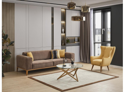 Conjunto de sofás Sofá de 4 plazas Sillón Amarillo Tela Marrón Moderno de Cuatro Plazas
