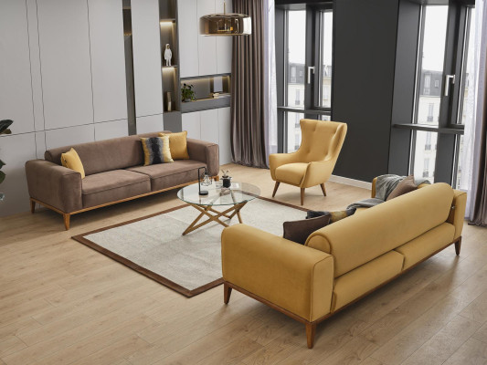 Conjunto de sofás Sofá de 4 plazas Sillón Amarillo Tela Marrón Moderno de Cuatro Plazas