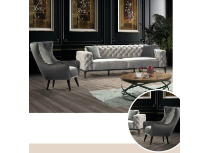 Conjunto de sofás Chesterfield 3+1 plazas de tela gris con sofás de lujo blanco.