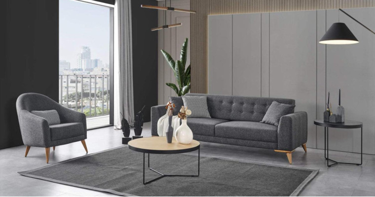 Sofá moderno de diseño de lujo de 3+1 piezas en gris, elegante juego de salón.