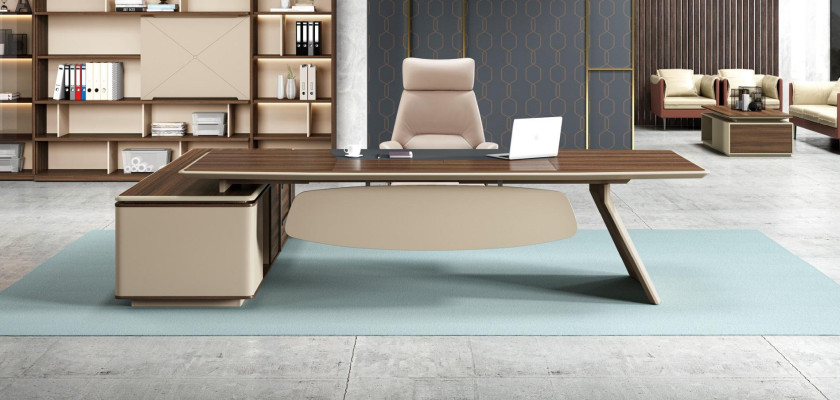 Muebles de oficina, conjunto de 2 piezas. Mesa del jefe, archivador, escritorio, mesas, estante.