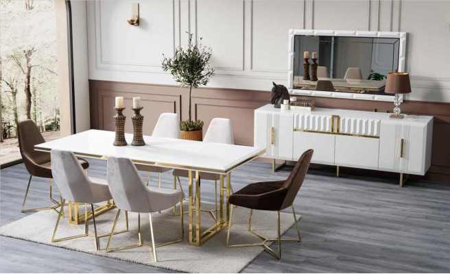 Mesa de comedor mesa de comedor Estilo italiano Lujoso Mesas Blancas Oro