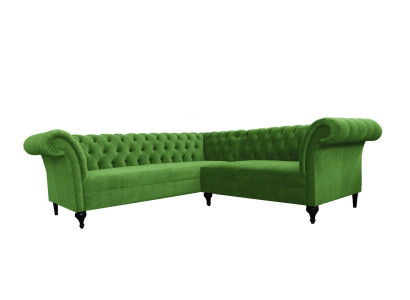 Sofá esquinero elegante verde Chesterfield en forma de L, sofás de diseñador, muebles tapizados.