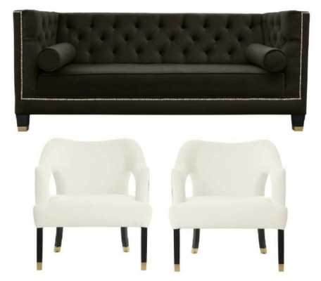 Chesterfield + 2 sillones negro blanco XXL Big Textil tela Sofás creativos