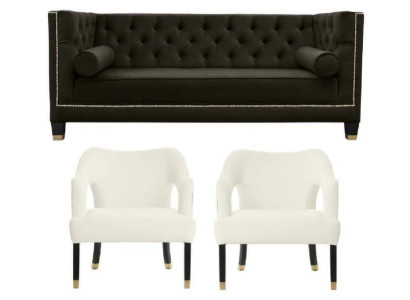 Chesterfield + 2 sillones negro blanco XXL Big Textil tela Sofás creativos