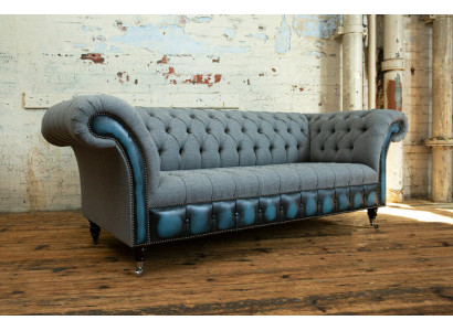 Sofás Chesterfield grises de diseñador, sillones acolchados en textil, muebles de relax.