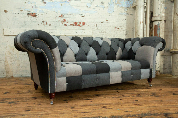 Sofá de 3 plazas diseño Chesterfield Conjunto de asientos de cuero y textil Nuevo