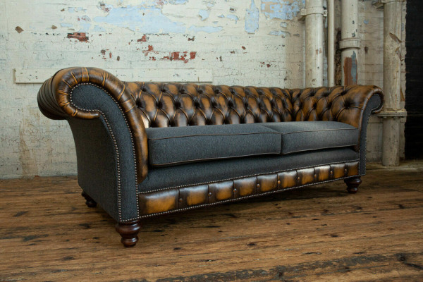 Diseño Chesterfield Sofá 3 Juego de Sofás Tela Acolchado Cuero Sofá de tres plazas